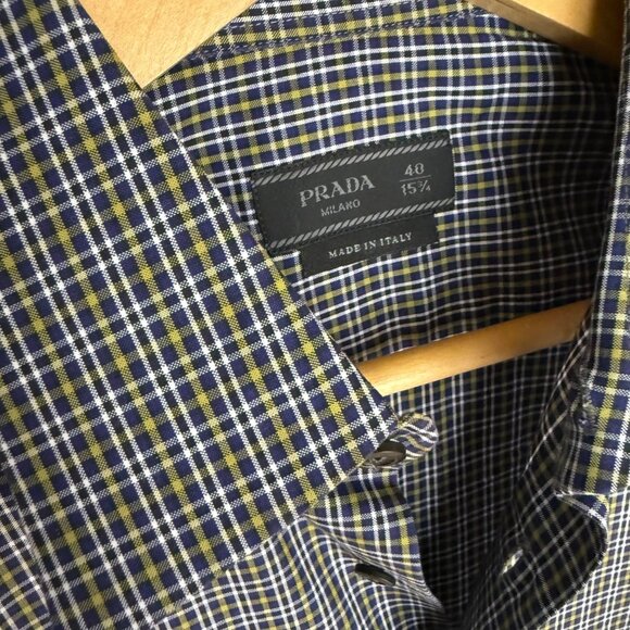 SIZE 40 ,15 3/4 Prada Mens Plaid L/S Button-Up Shirt Cotton Blend, blue olive It - Picture 4 of 11